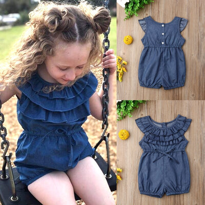New Baby Girl Denim Romper Girls Princess Ruffle Romper Kids Jumpsuit Toddler Clothing Kid Causal Outfits Summer Clothes KENNRICK