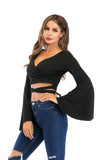 White Top Black Yellow Burgundy Crop Top Y2k Women Summer Aesthetic Sexy V Neck Long Sleeve Flare Top Camiseta Mujer Cut Out Top KENNRICK