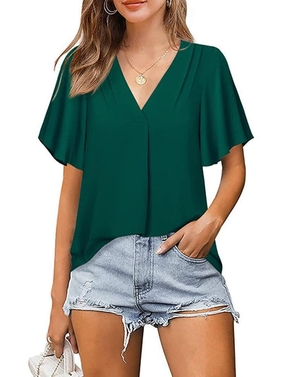 Summer Solid Short Sleeve Blouses For  Women Fashion Elegant V Neck Office Work Lady Shirts Casual Chiffon Blouse Tops KENNRICK