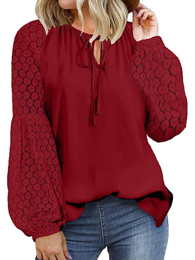 Women Blouses And Tops 2023 Trendy V Neck Casual Loose Pullover Oversize Hollow-out Lace Long Sleeve Elegant Office Lady Shirt KENNRICK