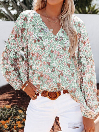 Summer Floral Women Blouses And Tops Fashion V Neck Long Sleeve Elegant Office Work Lady Shirts Plus Size Casual Chiffon Blouse KENNRICK