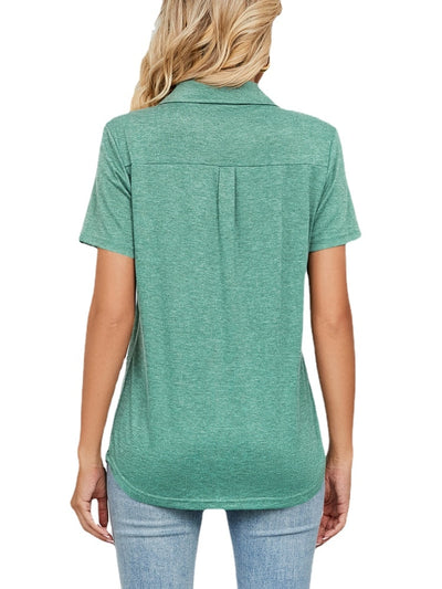 Women Short Sleeve Lapel Neck Solid T Shirt Tops KENNRICK