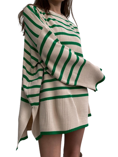 Striped Knitted Women Loose O-neck Long Sleeve Sweater KENNRICK