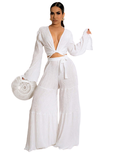 Trumpet Sleeve Tops Pants Suit Female Sexy Lace Up Cropped Trousers Sets KENNRICK
