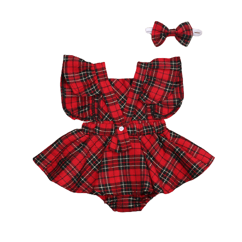 Txlixc 0-24M Baby Girls Boys Xmas Rompers Dress Plaid Print Ruffles Short Sleeve Backless Jumpsuits + Bow Headband Outfit KENNRICK