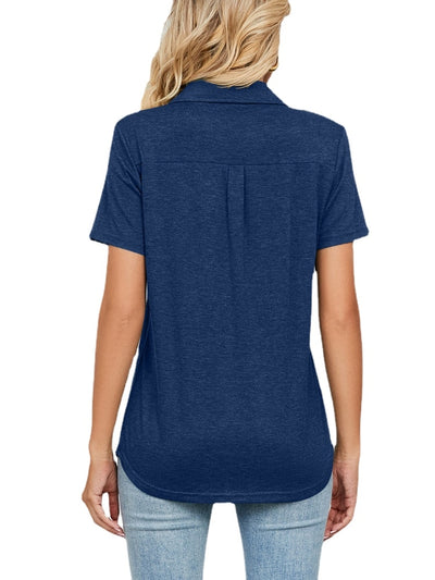 Women Short Sleeve Lapel Neck Solid T Shirt Tops KENNRICK