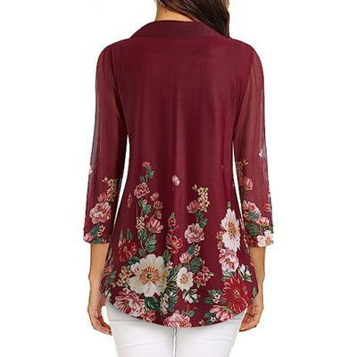 Women's 3/4 Sleeve Blouses Casual V Neck Dress Shirts Double Layers Floral Mesh Tunics Tops KENNRICK