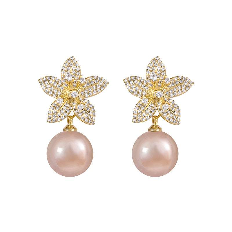 Rose Gold Pearl Flower Dangle Earrings for Women Silver Needle Full Rhinestone Korean Fashion Jewelry 2023 Accessories KENNRICK
