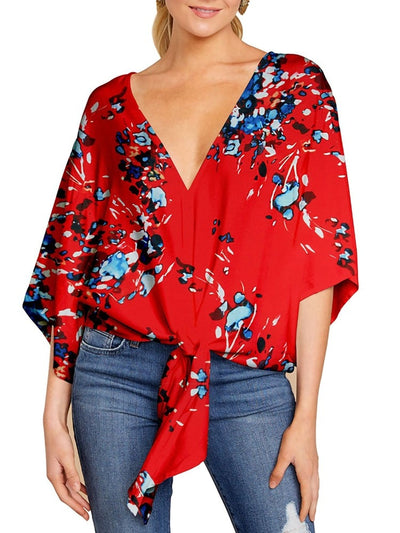 Summer Elegant Office Blouse Women Clothes V-neck 3/4 Sleeve Floral Print Streetwear Shirts Womens And Blouses Plus Size Tops KENNRICK