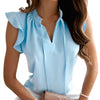 V-neck Stand Collar Women Top Solid Color Ruffle Sleeve Trim Drawstring Elegant Summer Blouse Streetwear KENNRICK
