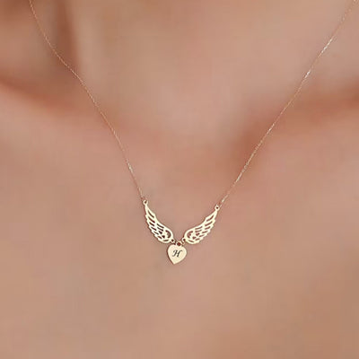 Custom Engraved 26 Letters Necklace Women Angel Wings Heart Pendant Choker Stainless Steel Gold Jewelry Mother&#39;s Day Gift To Mom KENNRICK