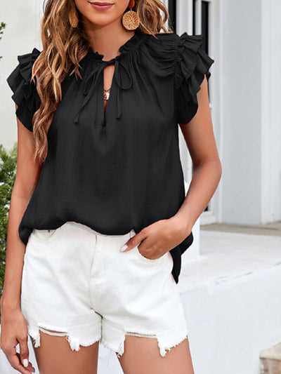 Summer Wide Sleeve Ruffle Lace-up Pullover Blouse Elegant Solid V-Neck Cotton Linen Top New Women Casual Office Shirt Streetwear KENNRICK