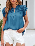 Summer Wide Sleeve Ruffle Lace-up Pullover Blouse Elegant Solid V-Neck Cotton Linen Top New Women Casual Office Shirt Streetwear KENNRICK