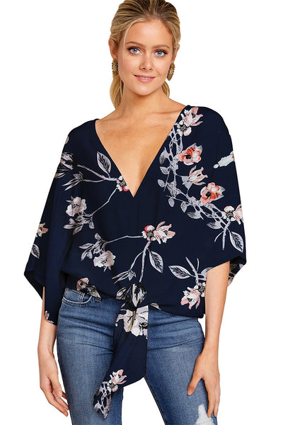 Summer Elegant Office Blouse Women Clothes V-neck 3/4 Sleeve Floral Print Streetwear Shirts Womens And Blouses Plus Size Tops KENNRICK