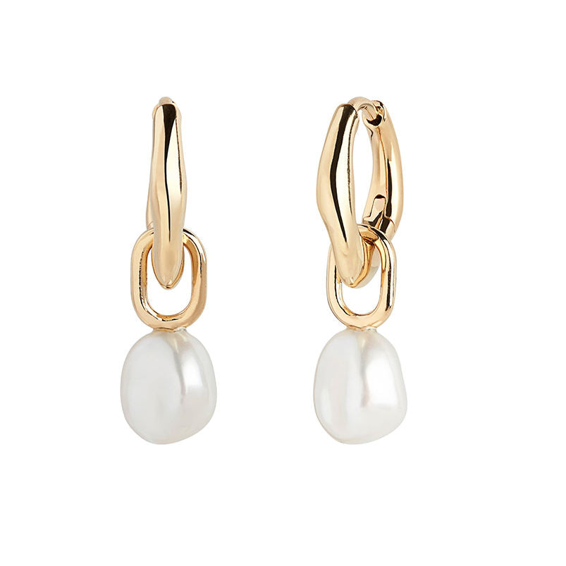 Drop huggie pearl gold plated earrings