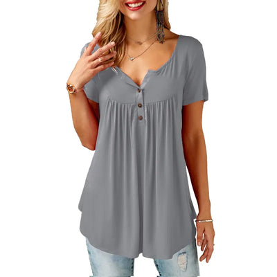 Women Fashion Solid Color Loose Pleated Casual Short Sleeve T-shirt KENNRICK