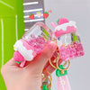 Sweet Strawberry Cream Fruit Cup Keychain Acrylic Moving Liquid Quicksand Pink Beads Keyring Women Bag Pendant Keyfob Gift KENNRICK