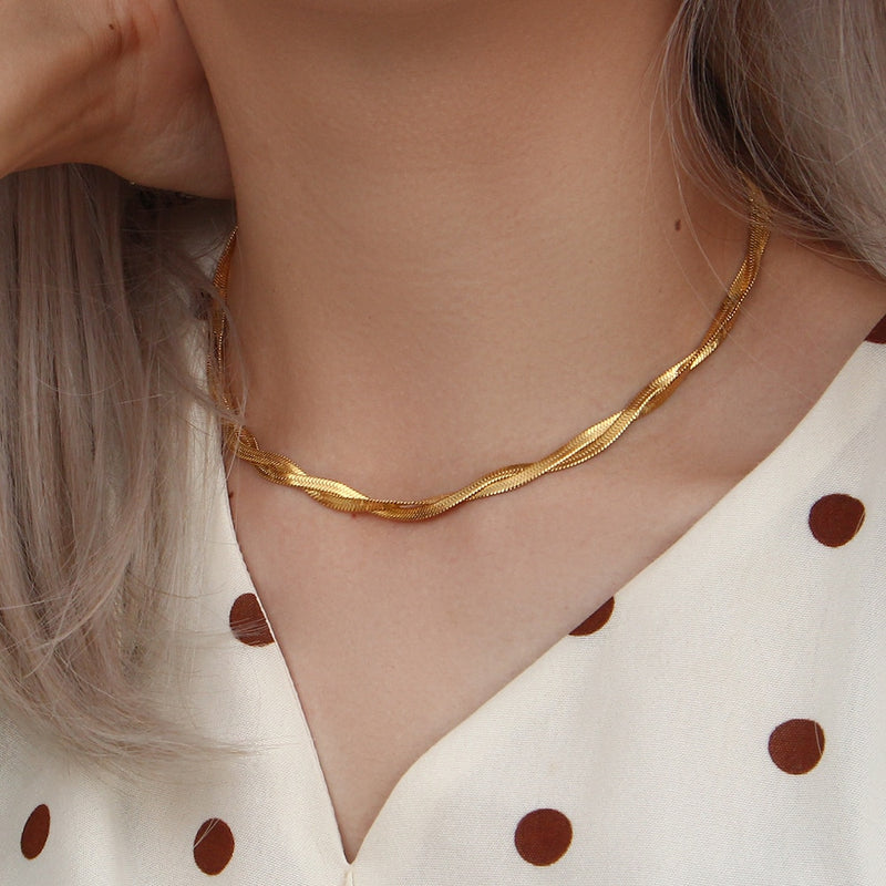 18K Gold Plated Waterproof Braided New Herringbone Chain Necklace Bracelets Set KENNRICK