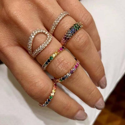 3MM Round Rainbow CZ Finger Ring Gold Color 2023 Summer New Colorful Stacking Engagement Band For Women HESAXY