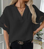 Casual Lace Patchwork Shirt Blouse Woman Summer Fashion Solid V-neck Short Sleeve Shirts For Women 2022 White Loose Tops Femme HESAXY