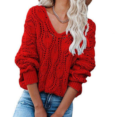Casual Sweaters Solid V-Neck Sweater Women Loose Hollow Out Knitwear Female Autumn Winter Long Sleeve Pullovers свитер женский HESAXY