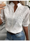 Chic Solid Hollow-out V Neck Lace Blouse Floral Patterns Embroidery Decoration Casual Women Shirt Puff Sleeved Half Cotton Tops HESAXY