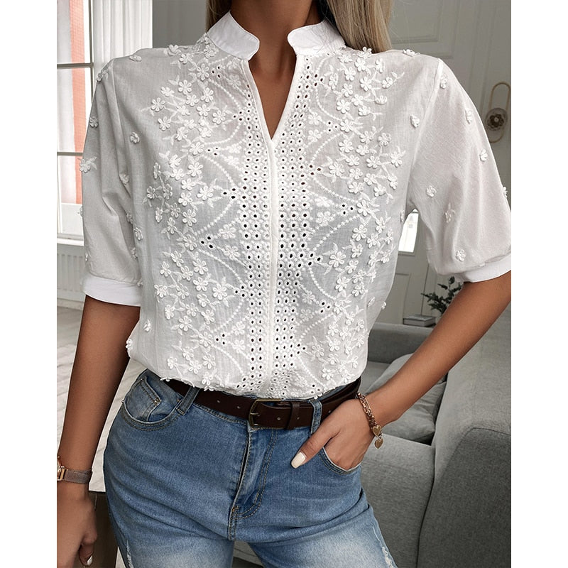 Chic Solid Hollow-out V Neck Lace Blouse Floral Patterns Embroidery Decoration Casual Women Shirt Puff Sleeved Half Cotton Tops HESAXY