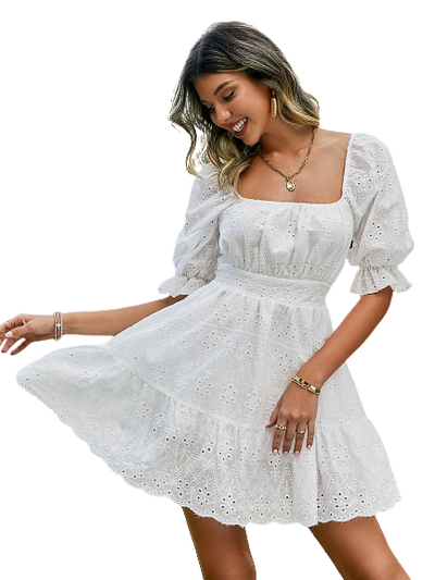 Simplee Lace up hollow out knot summer white dress women Holiday casual high waist ruffled mini dresses A-line frills vestido KENNRICK