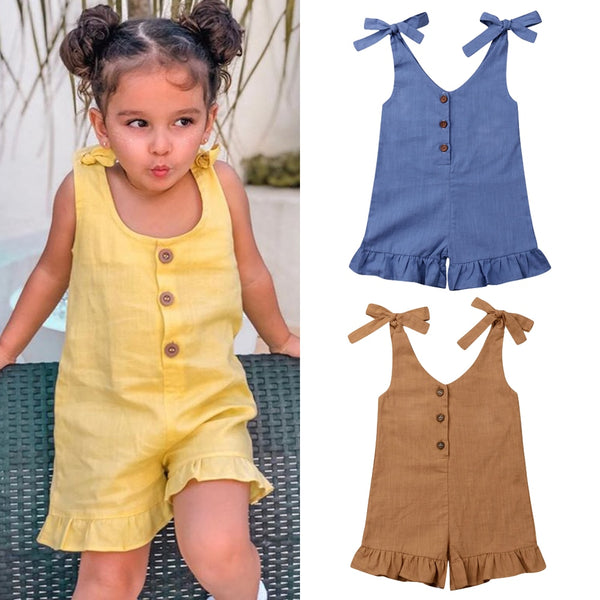 1-6Y New Baby Girl Cotton Linen Clothes Girls Ruffle Romper Kids Jumpsuit Summer Sleeveless Button Overalls Outfits KENNRICK