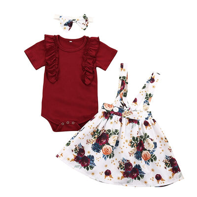 3Pcs Baby Girl Clothes Set Summer Newborn Infant Solid Color Romper Ruffle Floral Dress Overalls Outfit For Toddler Clothing KENNRICK