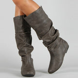 Leather  Slip On Wedge Long Fashion Pleated High Boots KENNRICK