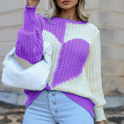Women Knitted Sweater Heart Striped Long Sleeve KENNRICK