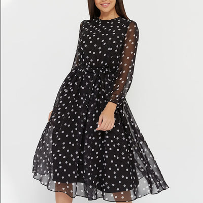 Elegant Dot Print Long Sleeve Women Dresses HESAXY