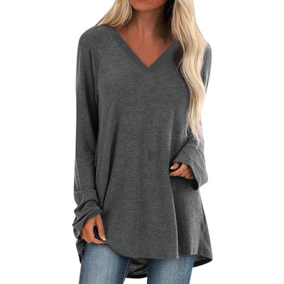Women's Plain Long Sleeves Loose Casual Top Solid V Neck Pullover T-shirt KENNRICK