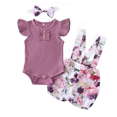 Baby Girl Summer Clothes Set Fashion Newborn Infant Knitting Cotton Ruffles Romper Shorts Bow Headband 3Pcs For Toddler Outfits KENNRICK