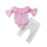 2PCS Baby Girls Clothing Set Girls Off Shoulder Romper +White Ripped Jeans Pants Infant Pink Outfits Newborn Clothes Sets KENNRICK