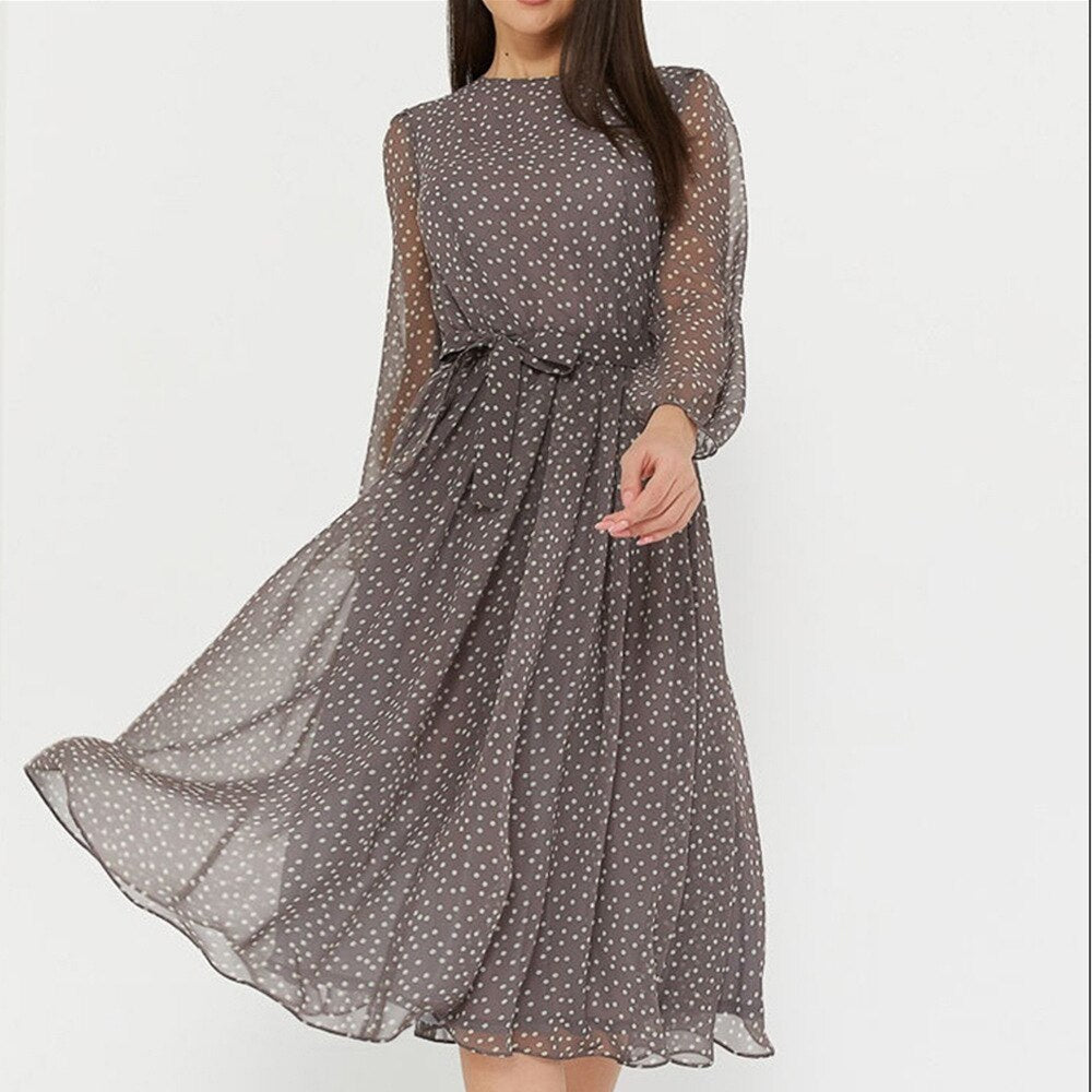 Elegant Dot Print Long Sleeve Women Dresses HESAXY
