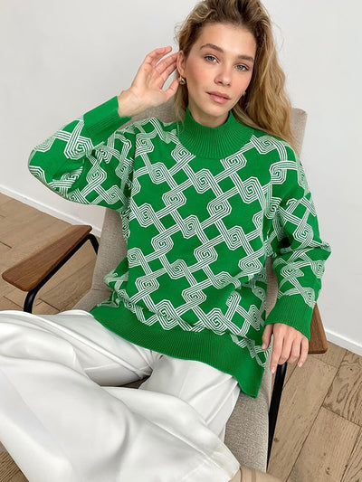 Women Print Geometric Knitted Sweater Turtleneck Long Sleeve Winter Loose Female Sweaters 2022 Check Fashion Ladies Pullover KENNRICK