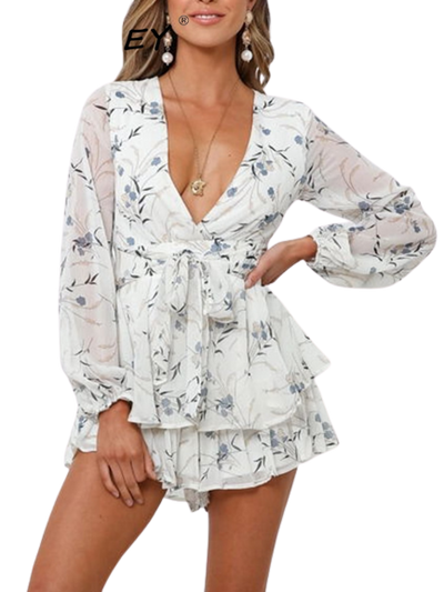 Long Sleeve Ruffle Casual V Neck Floral  Rompers Playsuits Dress KENNRICK