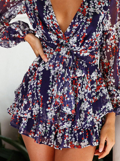 Women Long Semi-sheer Sleeves Dreamy Floral Print Romper Dress KENNRICK