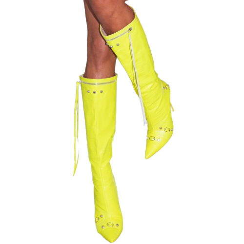 Luxury Pointed Toe Stiletto Retro Metal Buckle Zipper Knee Tassel High Boots KENNRICK