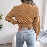 2022 New Women Fashion Fall Winter 3D Diamond Cutout Long Sleeve Solid Color Chic Crop Knit Sweater HESAXY