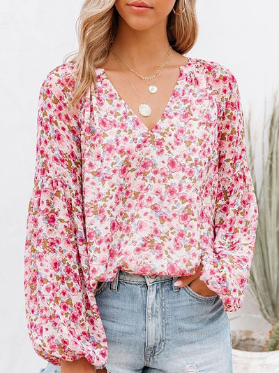 Summer Floral Women Blouses And Tops Fashion V Neck Long Sleeve Elegant Office Work Lady Shirts Plus Size Casual Chiffon Blouse KENNRICK