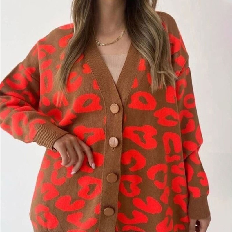 Leopard Women Print V-neck Cardigan Sweater KENNRICK