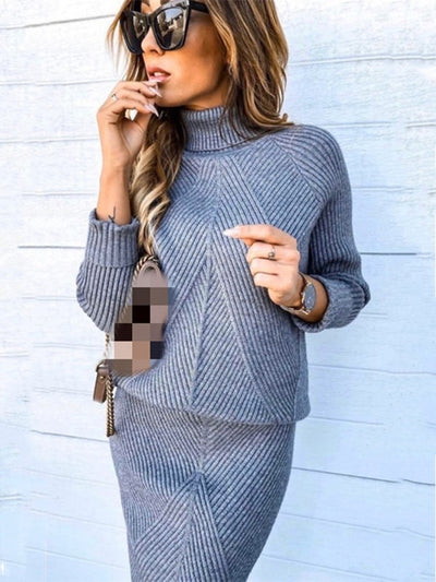 Women Skirt Suit Knitting Turtleneck Pullover Sweater KENNRICK