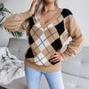 Diamond Knitted V-neck Long Sleeve Plaid Casual Pullover Sweater KENNRICK