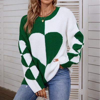 2022 New O Neck Heart Knitted Sweater Women Pullover Knitwear Korean Style Kawaii Jumper Winter Casual Sweaters Green Tops HESAXY