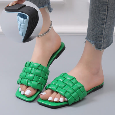 2023 New Green Weaving Soft Outdoor Slippers for Women Square Toe Flat Sandals Woman Plus Size 43 Summer Beach Flip Flops Women KENNRICK