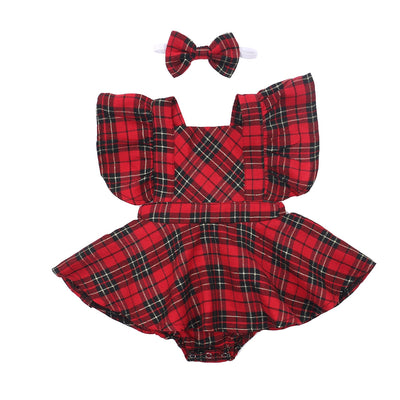 Txlixc 0-24M Baby Girls Boys Xmas Rompers Dress Plaid Print Ruffles Short Sleeve Backless Jumpsuits + Bow Headband Outfit KENNRICK