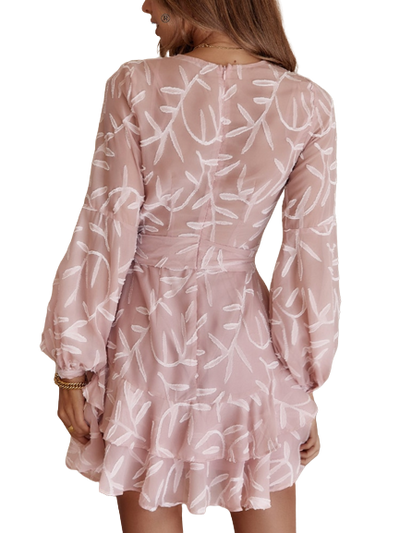 Women V Neck Long Sleeve Vintage Floral Print Chiffon Dress KENNRICK